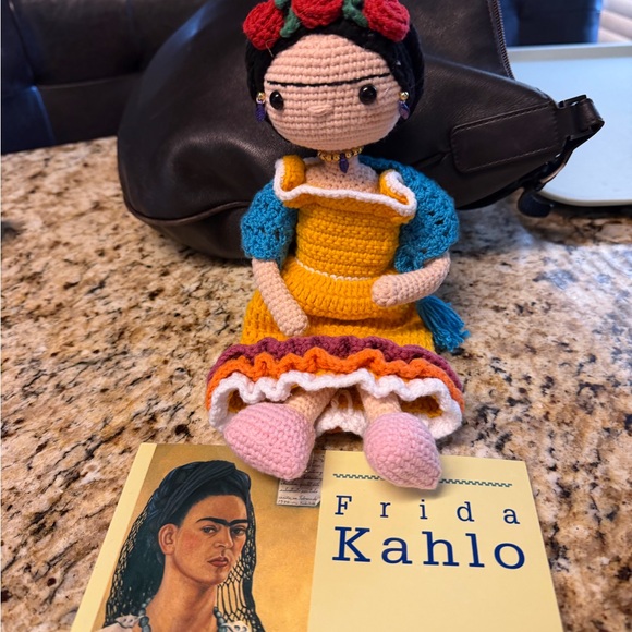 Handmade Frida Kahlo Crochet Doll in Yellow Dress with Teal Shawl - Picture 2 of 7